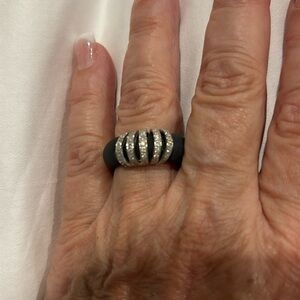 Black rubber ring, top encased in 5 bands of white 18K gold with pave diamonds